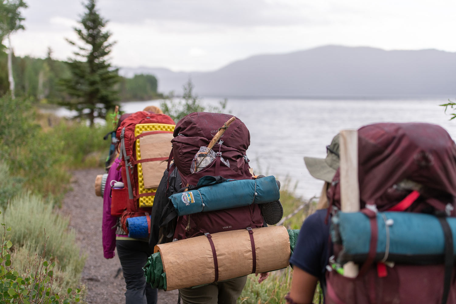 A group of women on a therapeutic expedition follow their guide along a lakeside trail, showcasing our commitment to safety through structured travel and expert supervision in the wilderness.