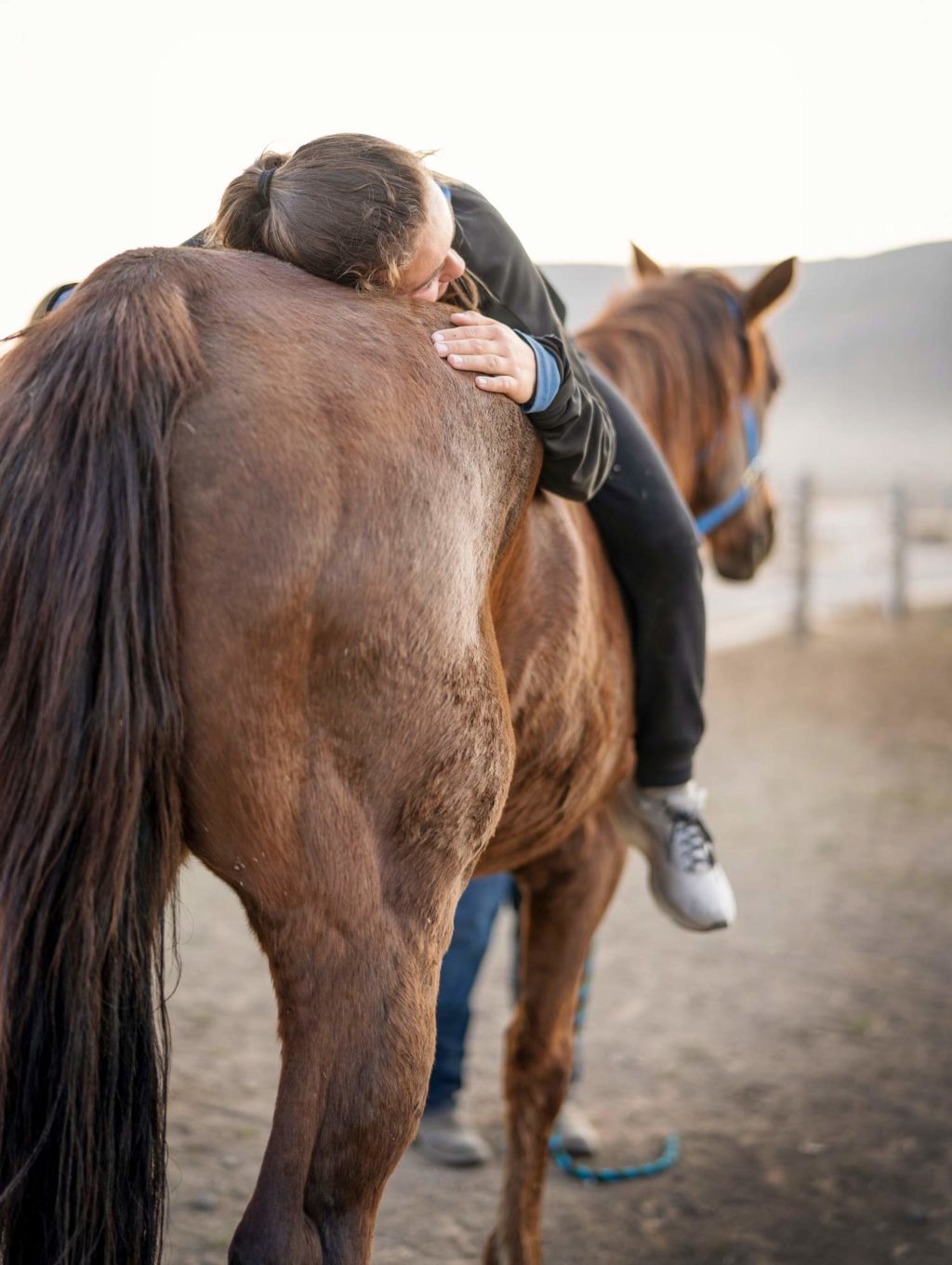 A woman finds a moment of peace and emotional safety by resting on the back of a therapy horse, demonstrating the deep connection and co-regulation possible through trauma-informed equine therapy.