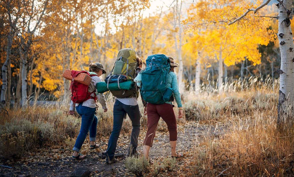 Three women on a backpacking expedition through a golden aspen forest, an immersive wilderness therapy experience that contributes to positive, long-term mental health treatment outcomes.